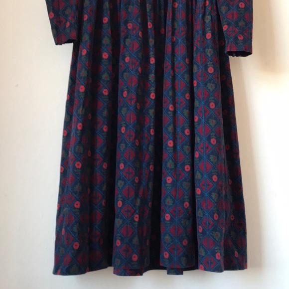 Laura Ashley Vintage Diamond/Floral Corduroy Dress Navy/Red/Green w/Belt Sz US 8 - Picture 15 of 17
